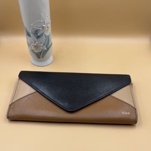 Chloé envelope tri-colored long leather wallet. Black, camel,& cream. Authentic